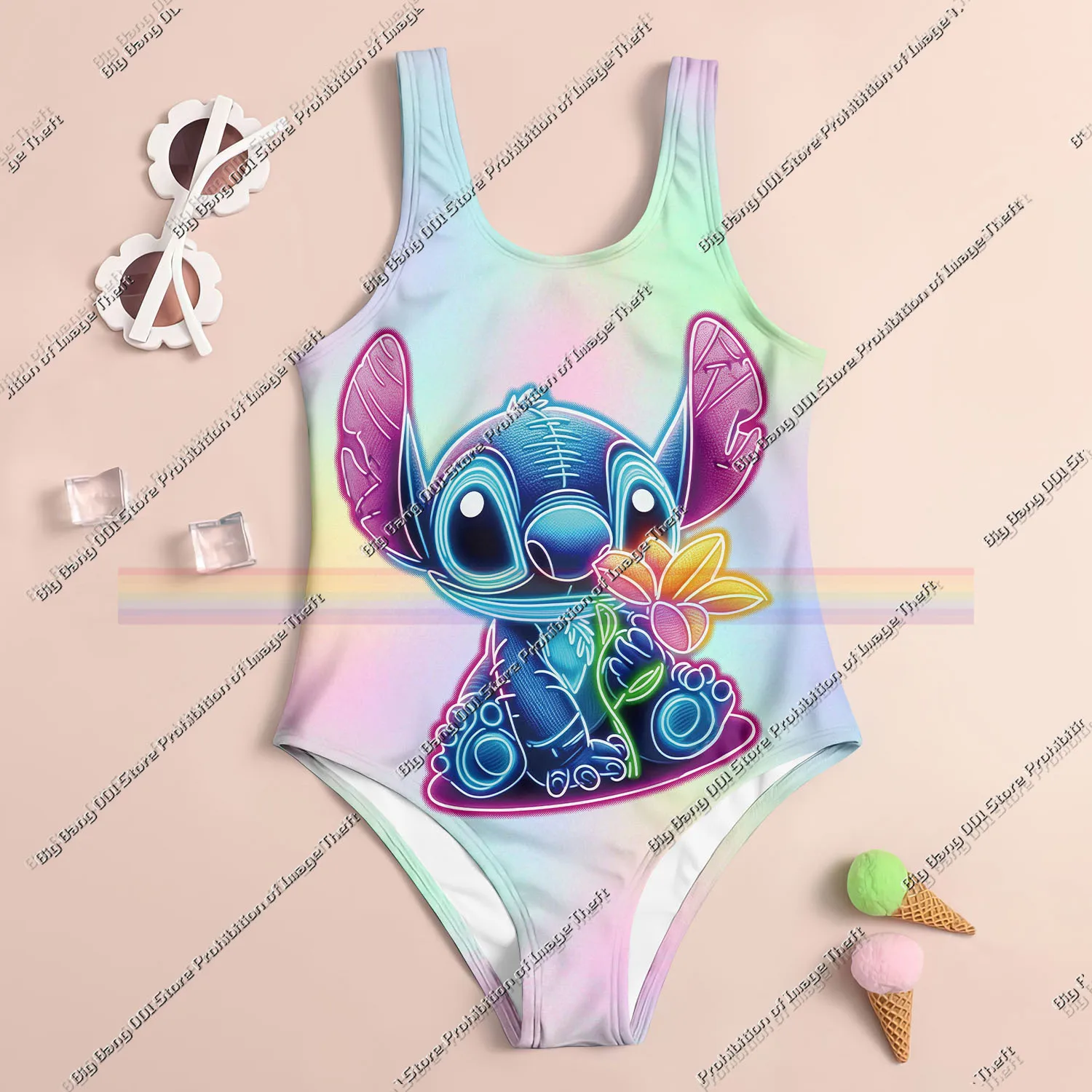 

2025 Summer Miniso Stitch 3D Printing Cartoon Kids Clothing Swimsuit for Girls with Matching Accessories UV Protection Quick Dry