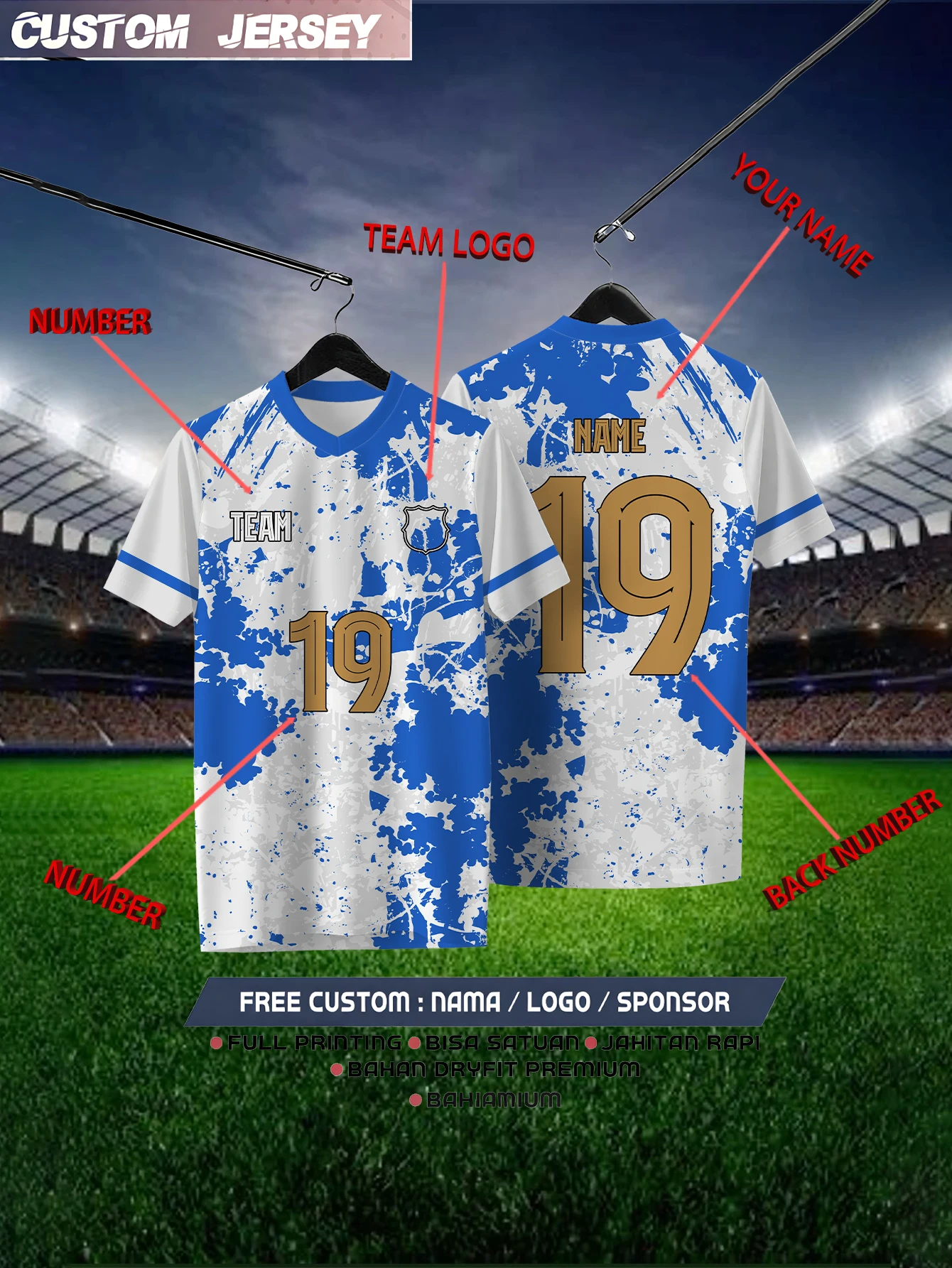 

Customized Geometric White Short Sleeved Shirt with Team Name, Emblem, Name and Number, Outdoor Sports Short Sleeved T-shirt