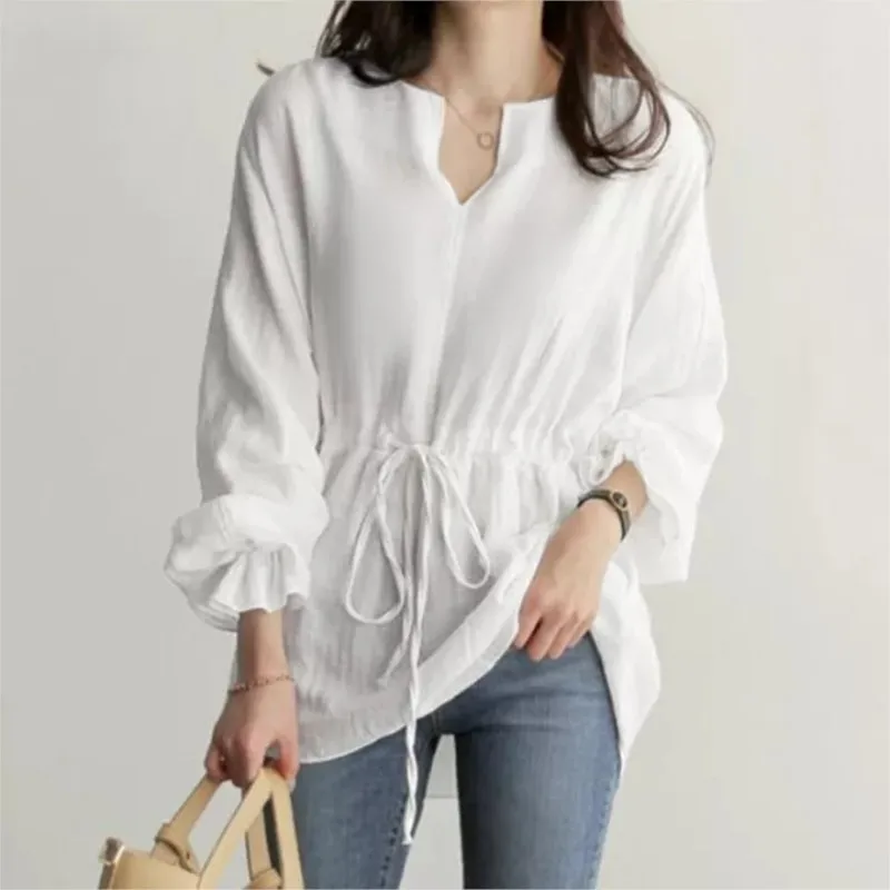 Women's Long Sleeved V-neck Shirt Autumn Pullover Drawstring Waist Solid Color New Top Loose Casual 2024 Women's Fashion Blouse