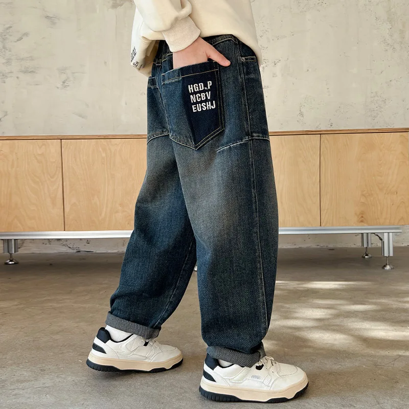 Trendy Boys Loose Fit Denim Jeans Casual Ripped Long Trousers Korean Style Cotton Blend for Kids Teens Autumn Spring