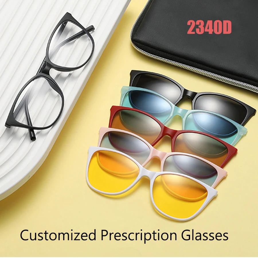 

6 In 1 Customize Prescription Glasses Men Women Anti-Blue Light Myopia Hyperopia With 5 PCS Clip On Polarized Sunglasses 2340D