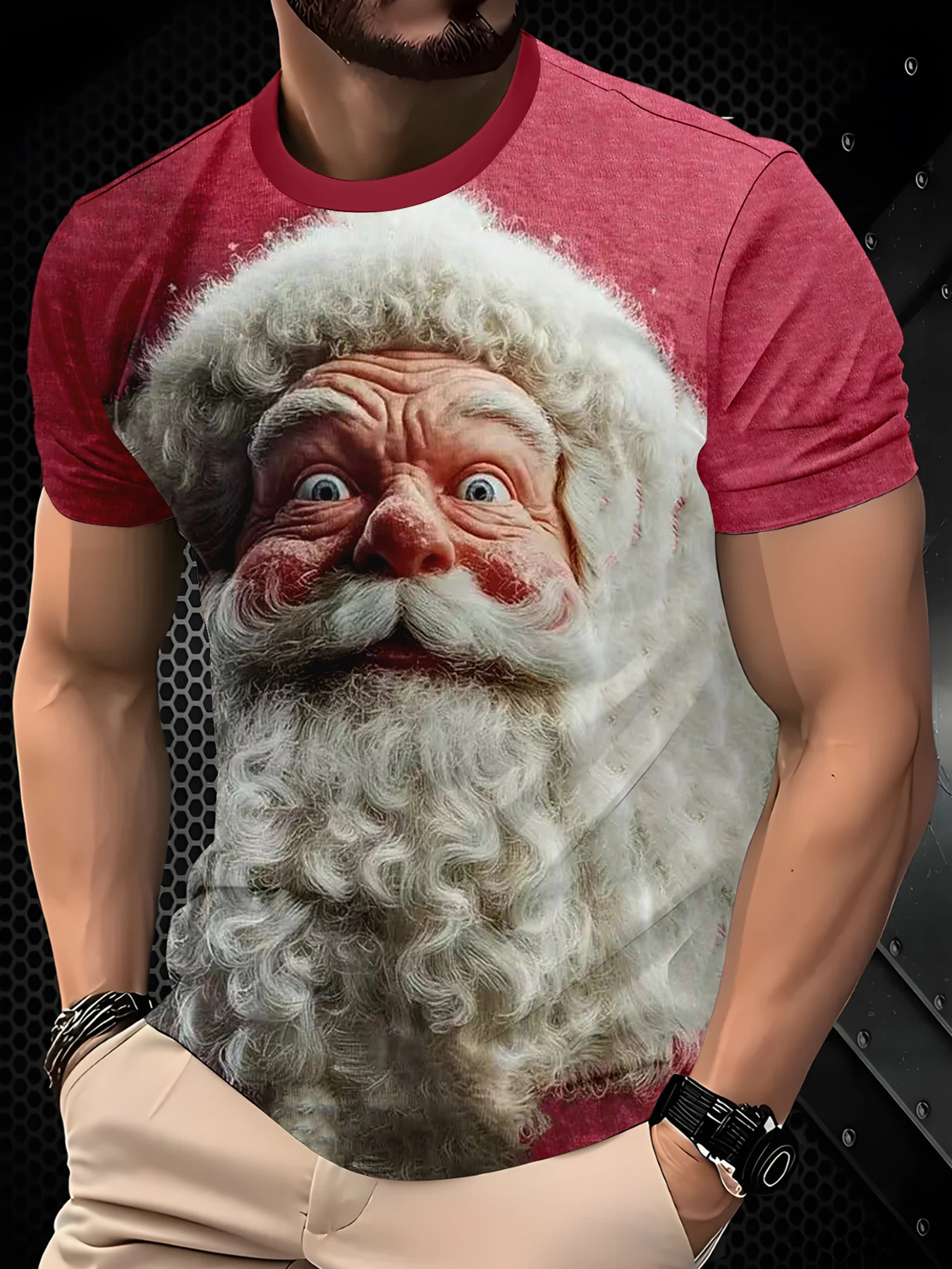 Men Crew Neck Tee With Full Print Big Beard Santa Graphic