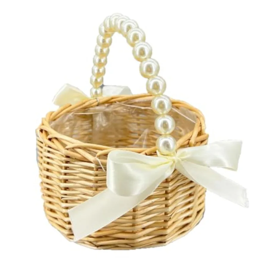 

Wicker Rattan Flower Girl Basket with Bows, Pearl Handle Flower Basket, Wedding Flower Girl Basket and Home Decorations. 1