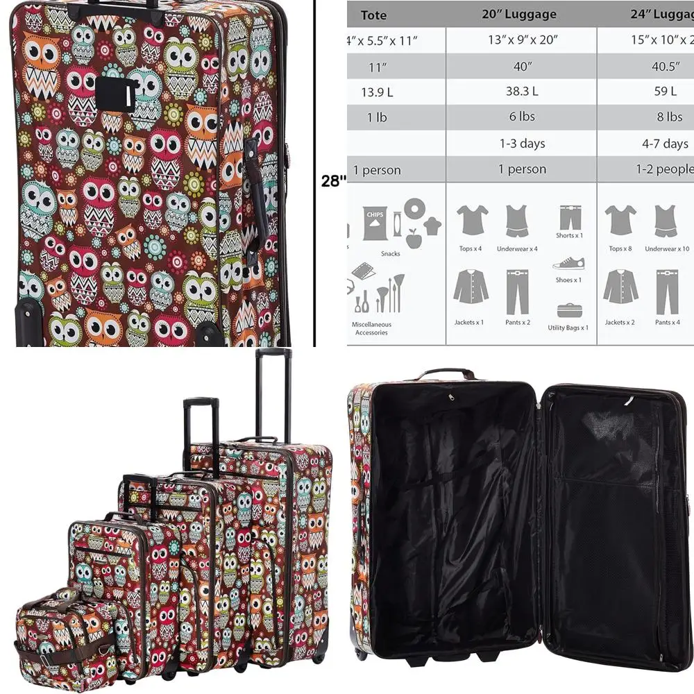 

Owl-Themed Expandable 4-Piece Luggage Set: 14, 29, 24, 28 Softside Upright Suitcase Collection