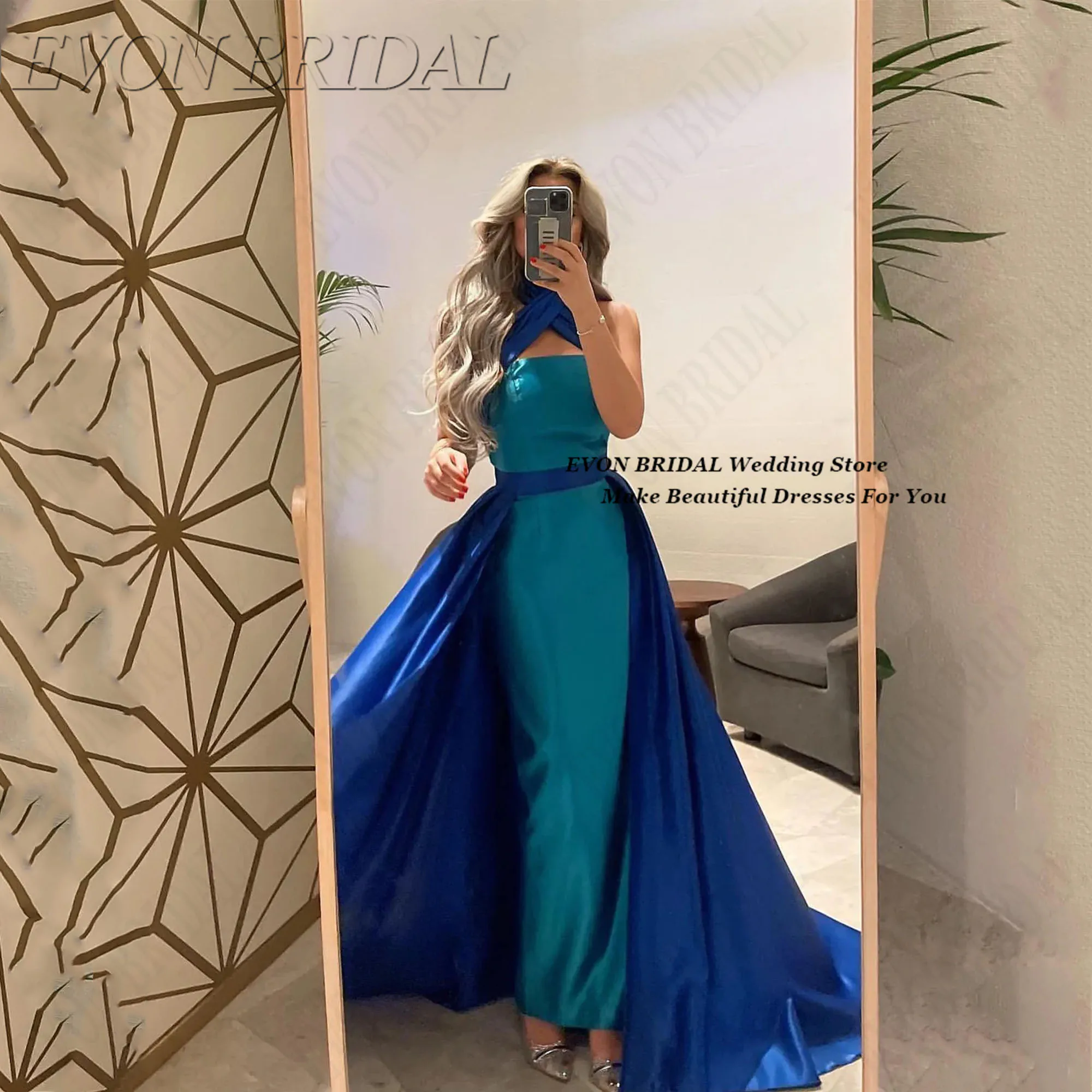 

EVON BRIDAL Royal Blue Fashion Prom Dresses Elegant Strapless Pleating Prom Gown Satin Trailing Party Prom For Woman Customized