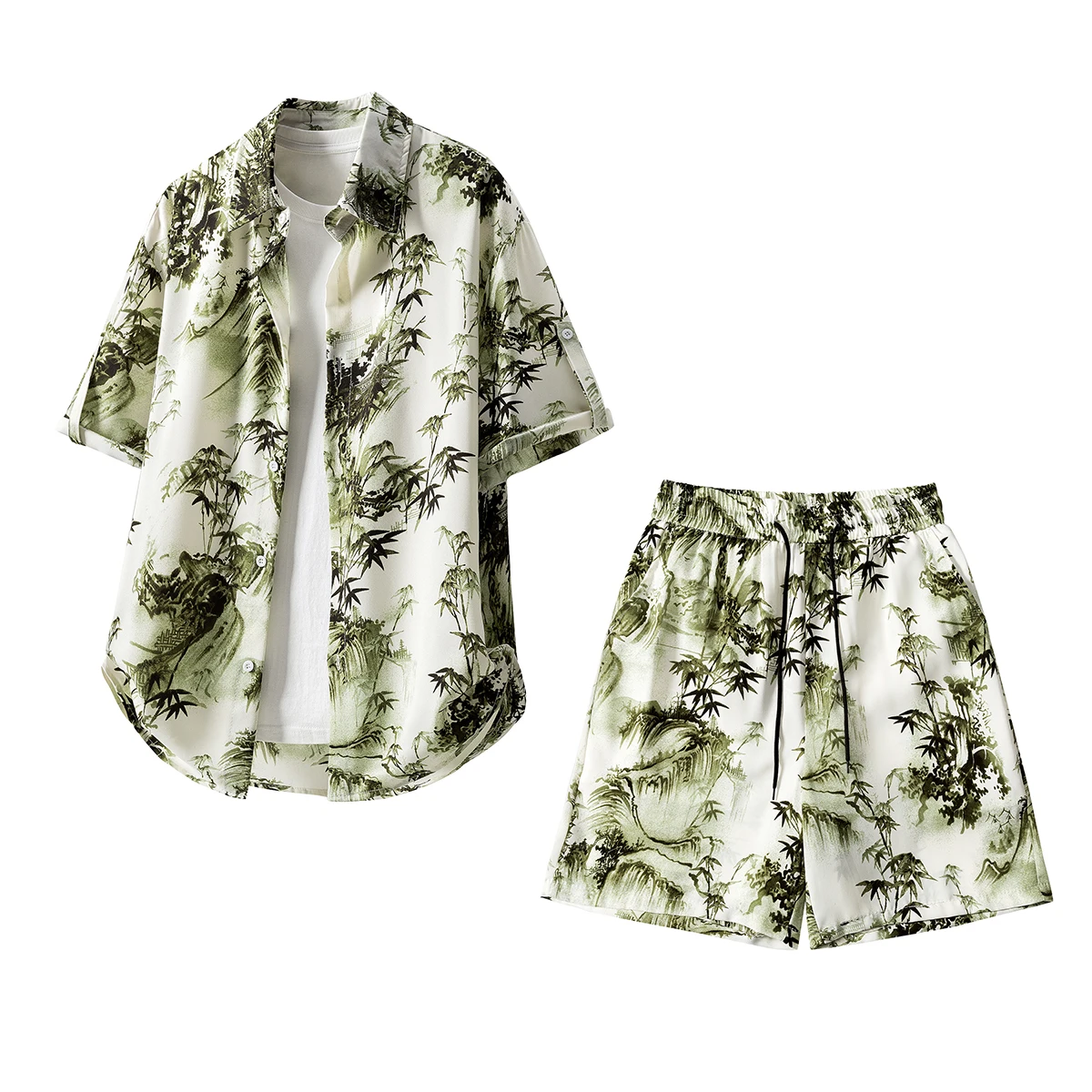 

2 Piece Set for Man Summer Outfit Hawaiian Shirts +beach Shorts Chinese Style Bamboo Printed Tropical Holiday Vacation Suits 5XL