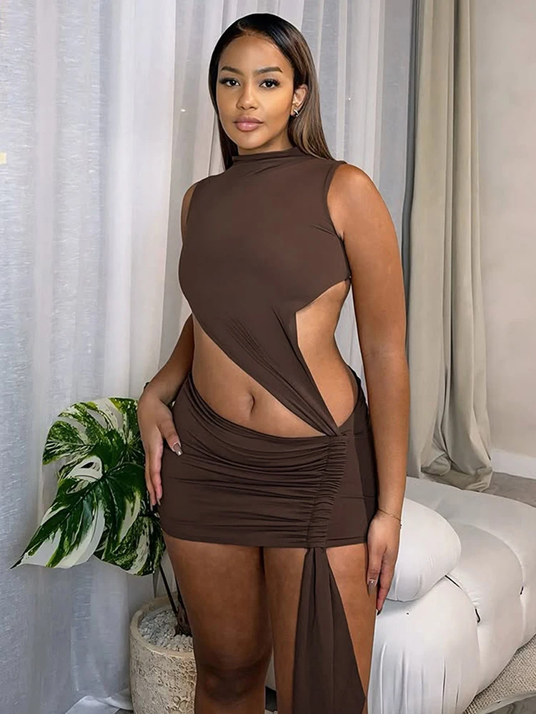 Macheda เซ็กซี่ Hollow เอวชุดมินิผู้หญิง O-คอแขนกุด Ruched ริบบิ้นผอมพีชก้น Midnight Club Party ชุด