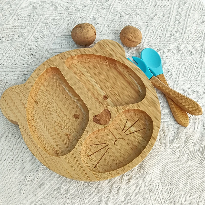 Customized Cartoon Baby Silicone Tableware Food Grade Silicone Bowl Waterproof Spoon Bamboo Wood Dinner Plate Feeding Baby gift