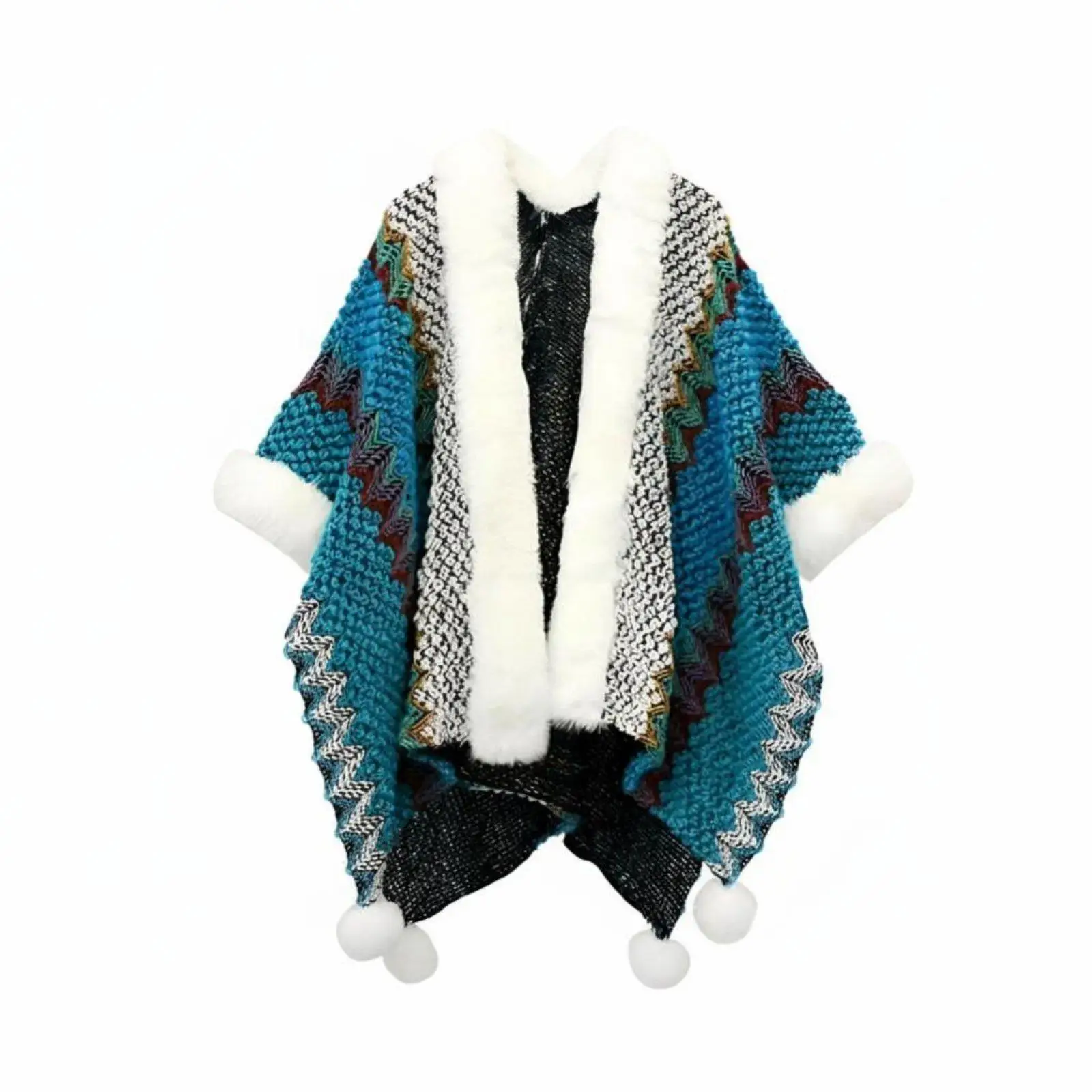 Knit Shawl for Women Faux Fur Patchwork Cape Ethnic Geometric Stripe Design Warm Winter Travel Wrap with Handbag