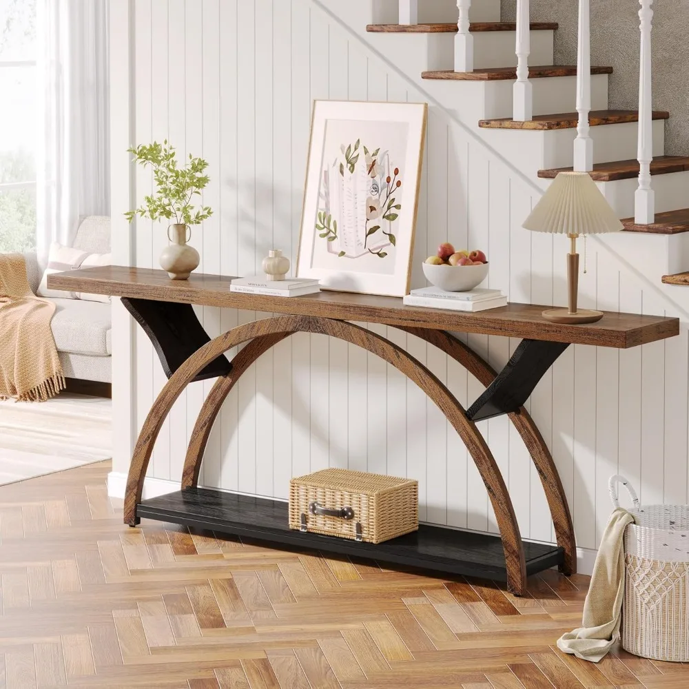 70.87" Console Tables for Entryway, Narrow Long Entryway Table with Storage Shelf, 2-Tier Rustic Sofa Table with Half Moon Fram