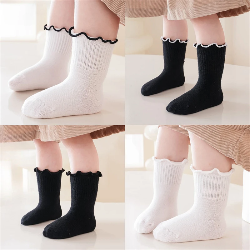 4 Pairs/lot Baby Girls Kids Socks Ruffle Princess Autumn And Spring Children Short Breathable Cotton White Black Toddler Sock
