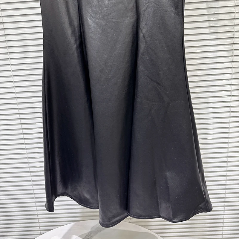 Kbq sólido minimalista imitação de couro tecido sereia saia para mulheres cintura alta temperamento saia longa estilo moda feminina novo