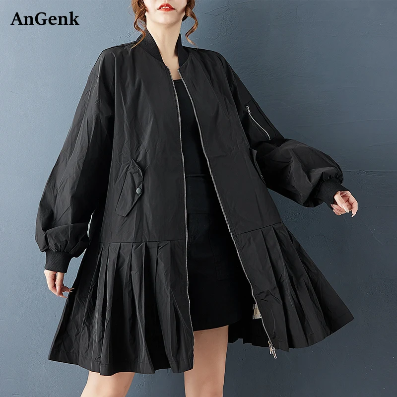 معطف أسود عتيق كبير الحجم للنساء جديد مرقع مطوي ملابس خارجية فضفاضة غير رسمية سترة ملابس ربيع خريف 2025