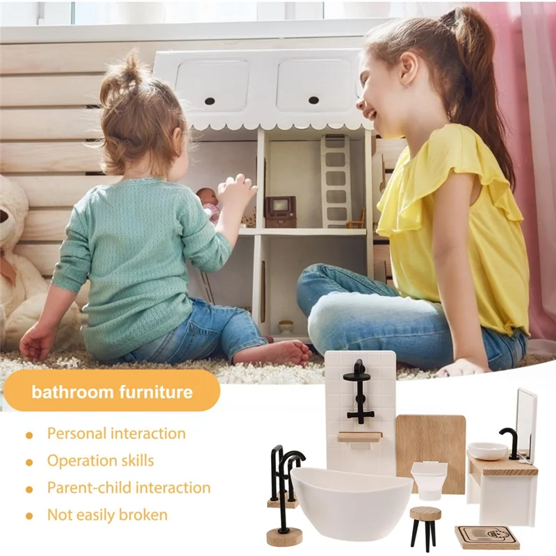 

A63T-8Pcs Bathroom Toilet Bathtub Basin Wooden Bathroom Cabinet With Sink Miniature Furniture For Easy Install