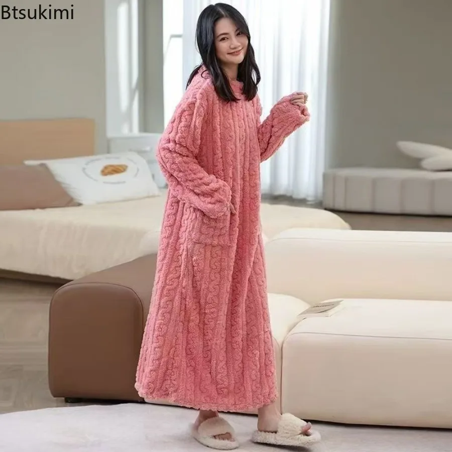 

Winter Long Sleeve Double Pocket Flannel Nightgowns Women Loose Solid Sleepwear Jacquard Night Dress Thickened Warm Nightdress