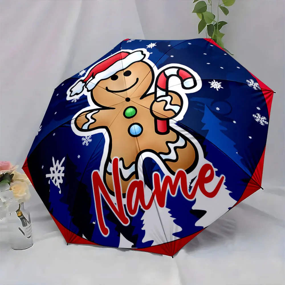 Custom Name Festive Gingerbread Design Umbrella 8 Iron Ribs Folding Umbrella Auto-Open Fashionable Sunshade Deluxe Gift