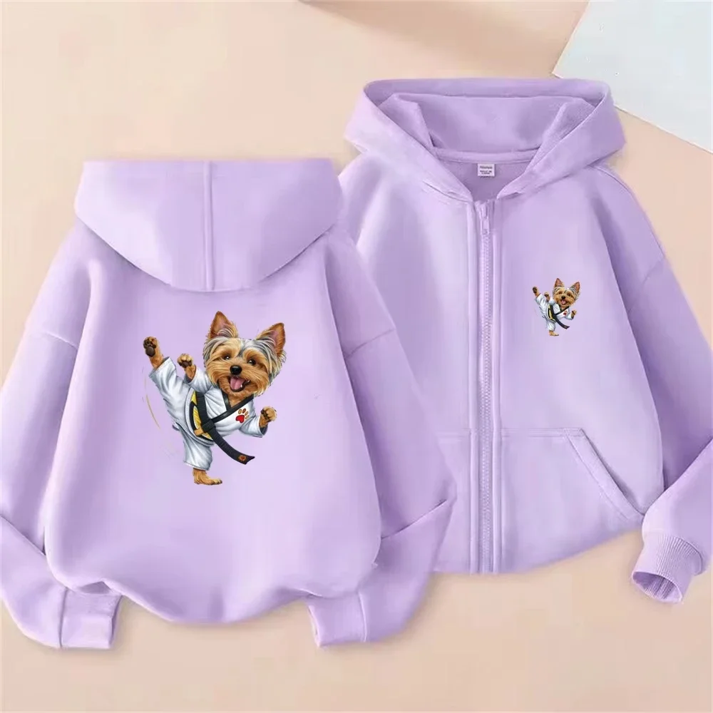 Kids Zip Up Hooded Jacket Cute Yorkshire Terrier Karate Dog Graphic Long Sleeve Casual Sports Hoodie For Boys Girls Daily Tops