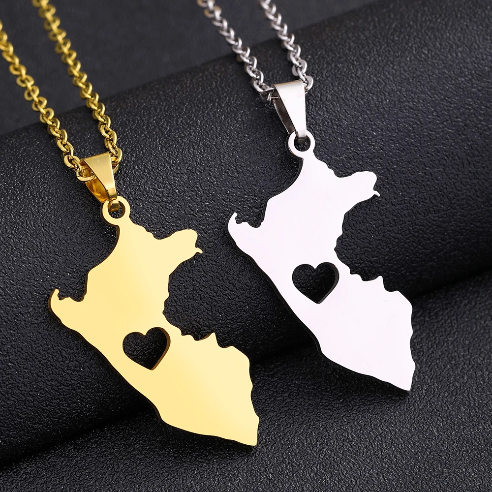 Fashion Heart Peru Map Pendant Necklace Stainless Steel Gold Silver Color Men Women Ethnic Map Jewelry Gift