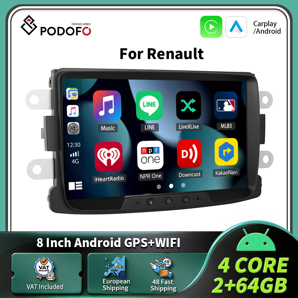 Podofo 8-Zoll-Carplay-Android-Autoradio für Renault Fahrzeuge, intelligentes System, 2-DIN-GPS-Navigation, RDS-Multimedia-Autoradio