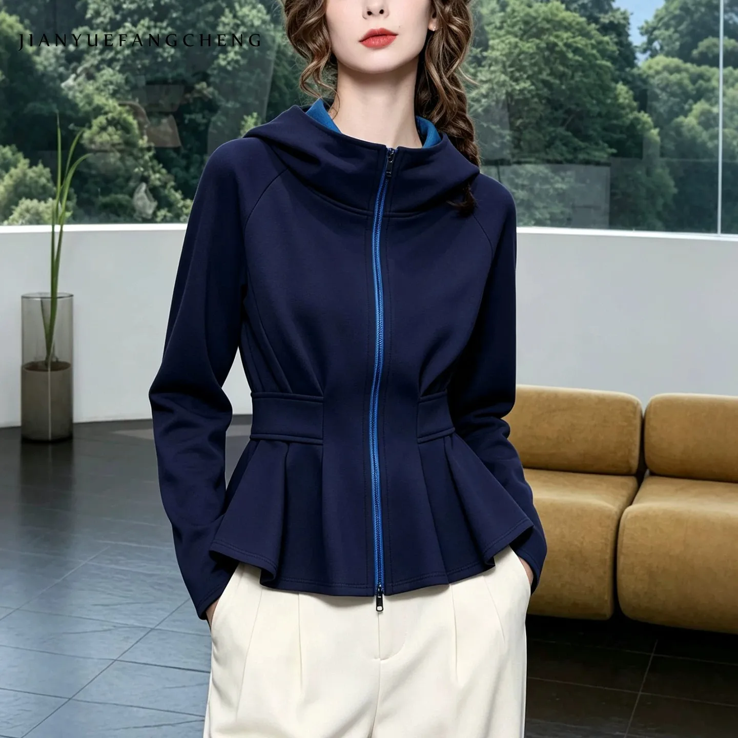 Women Hooded Zip Up Jacket Solid Navy Peplum Waist Long Sleeve Slim Fit Coat Elegant Casual Ladies Outerwear