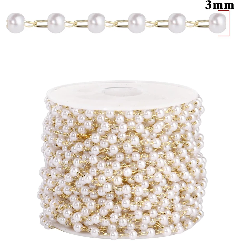 20 Meter 3/4/5/6mm Faux Pearls Beaded Gold Plated Brass Cable Link Chain Spool for Jewelry Making DIY Necklace Crafts view 2