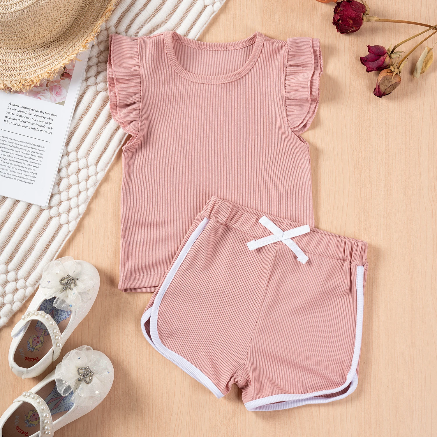 Summer Baby Cute Girl Fly Sleeve Shorts T-Shirt Set Ruffle Costume Set Kids Kids Shorts Casual Wear Oufits