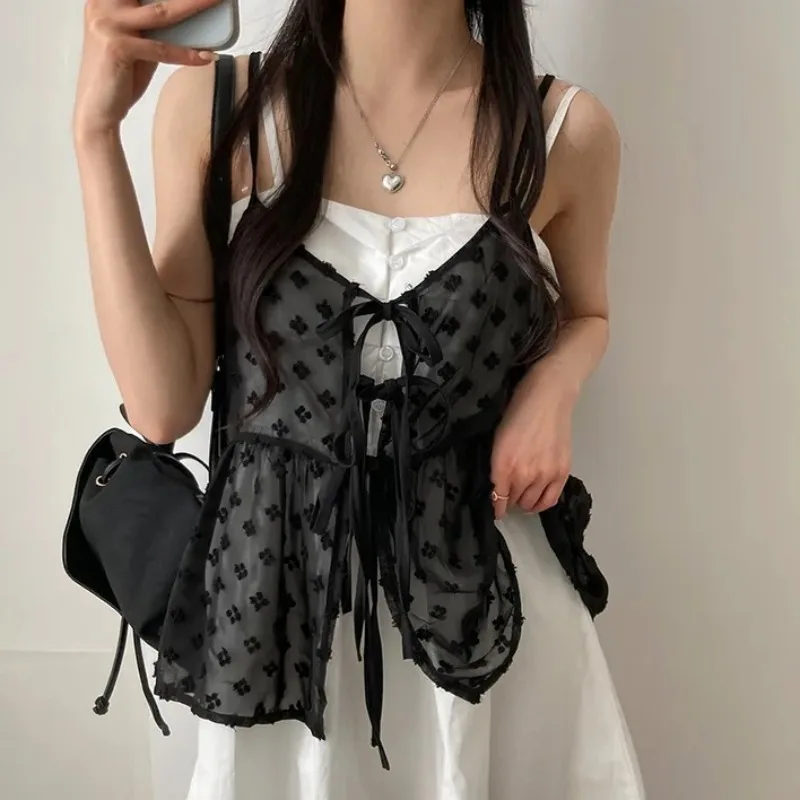 2025 New Summer Camis Korean Layered Style Lace Up Sleeveless Shirt White Black Camisole Cover-Up Y2K Overlay Top Women