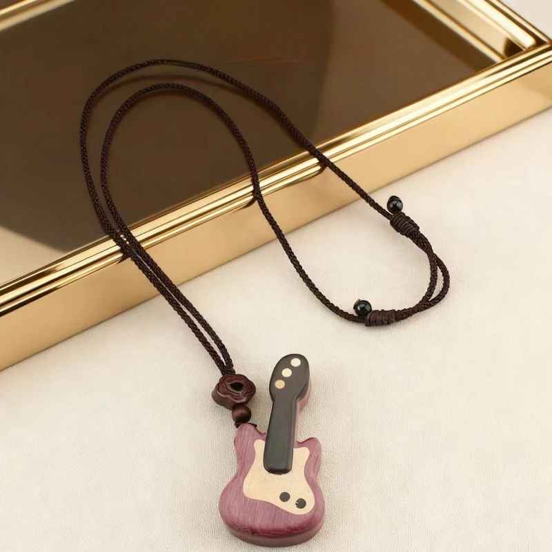1PC Violet & Ebony Mini Guitar Pendant Necklace Wooden Sweater Chain Unique Daily Accessory Cute Wooden Musical Instrument Decor