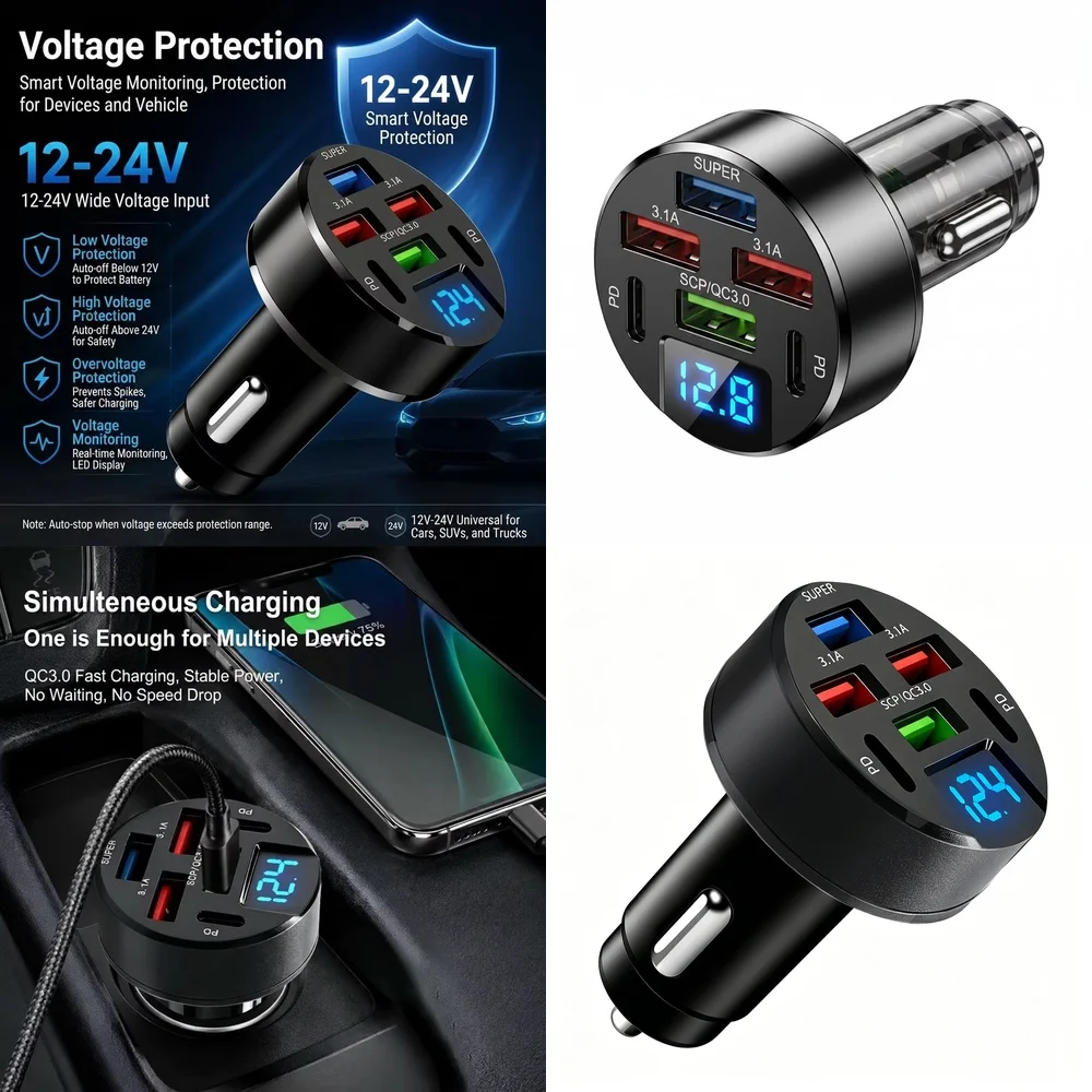 Multi Port 6 in 1 100W Car USB Charger with LED Digital Voltage Display QC3.0 PD Fast Charge USB for Samsung iPhone Huawei