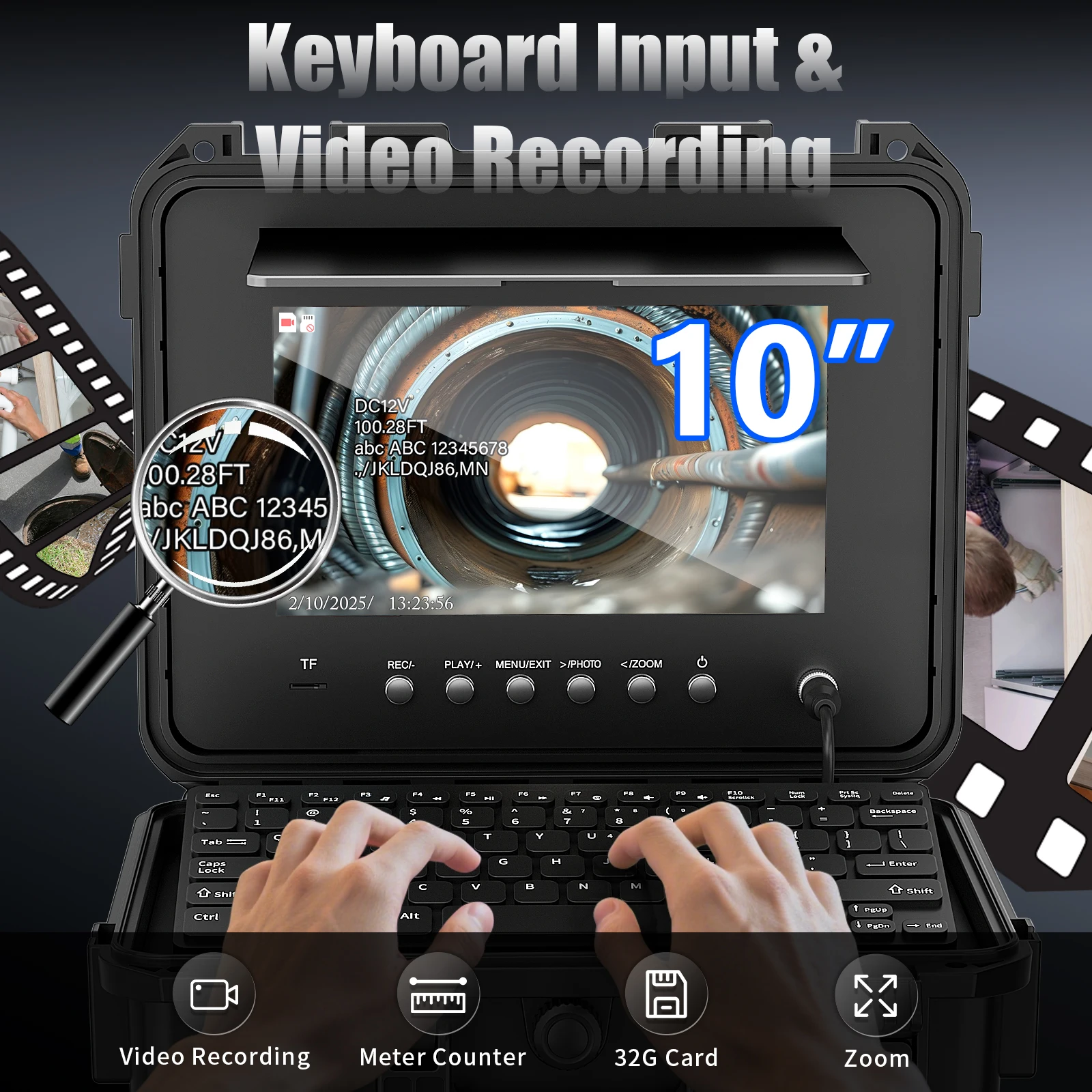 10 Inch IPS Screen Sewer Pipe Inspection , 7mm 512Hz Self-Leveling AHD 1080P Borescope with Keyboard & Meter Counter