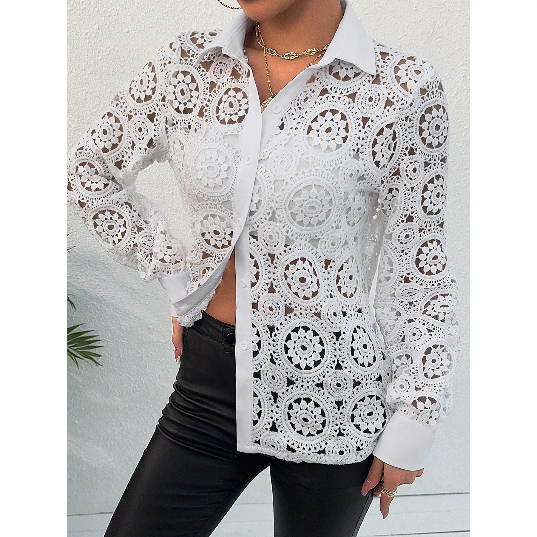 Csa E de Manga Larga para Mujer, Cuello de Encaje, Tela de Poliéster, Estilo Clásico, Moderno y a la Moda, Color Pu...