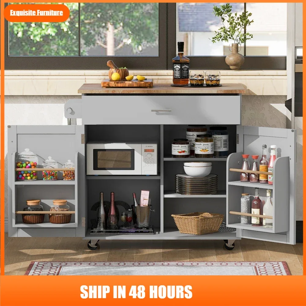 

Rolling Kitchen Island with Storage, Kitchen Cart with Rubber Wood Top, Spacious Drawer with Divider and Internal Storage Rack
