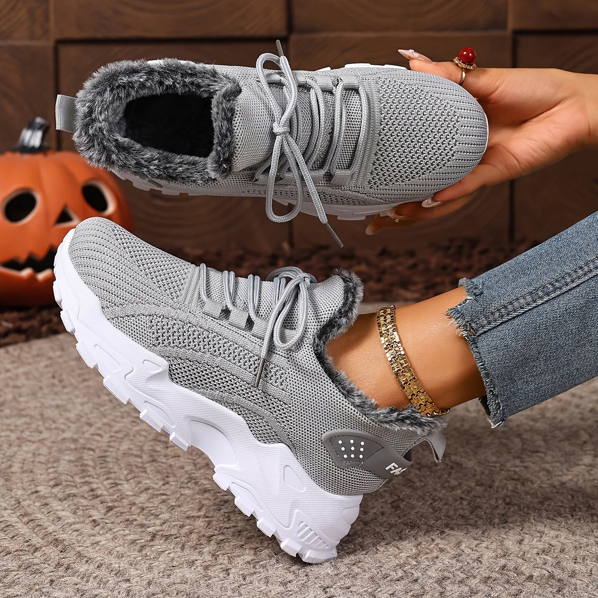 Damen Winter-Thermosneaker aus Strickstoff mit Schnürung, Plüschfutter, rutschfester dicker Plateausohle, Outdoor-Wanderschuhe, Freizeitschuhe – Detail 11