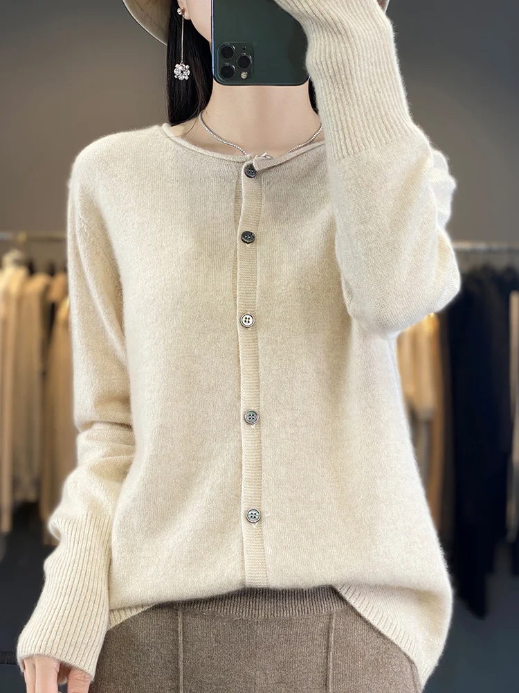 New Chic Spring Women O-neck Grace Cardigan Sweater 100% Merino Wool Solid Cashmere Knitted Female Clothing Korean Style Tops