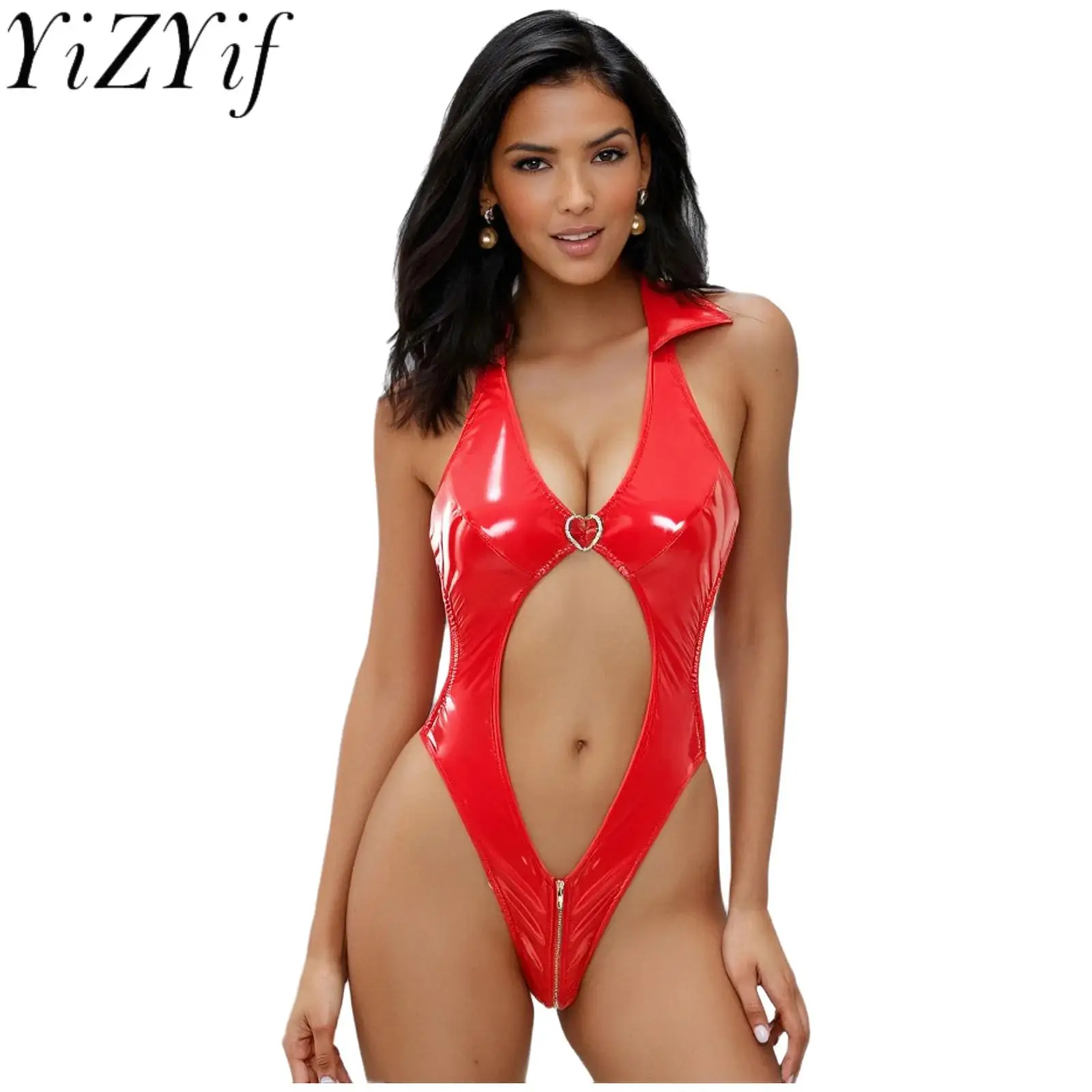 

Sexy Adult Women Patent Leather Shiny Bodysuit Sleeveless Front Cutout Open Butt Catsuit for Lingerie Non-removable Pajamas