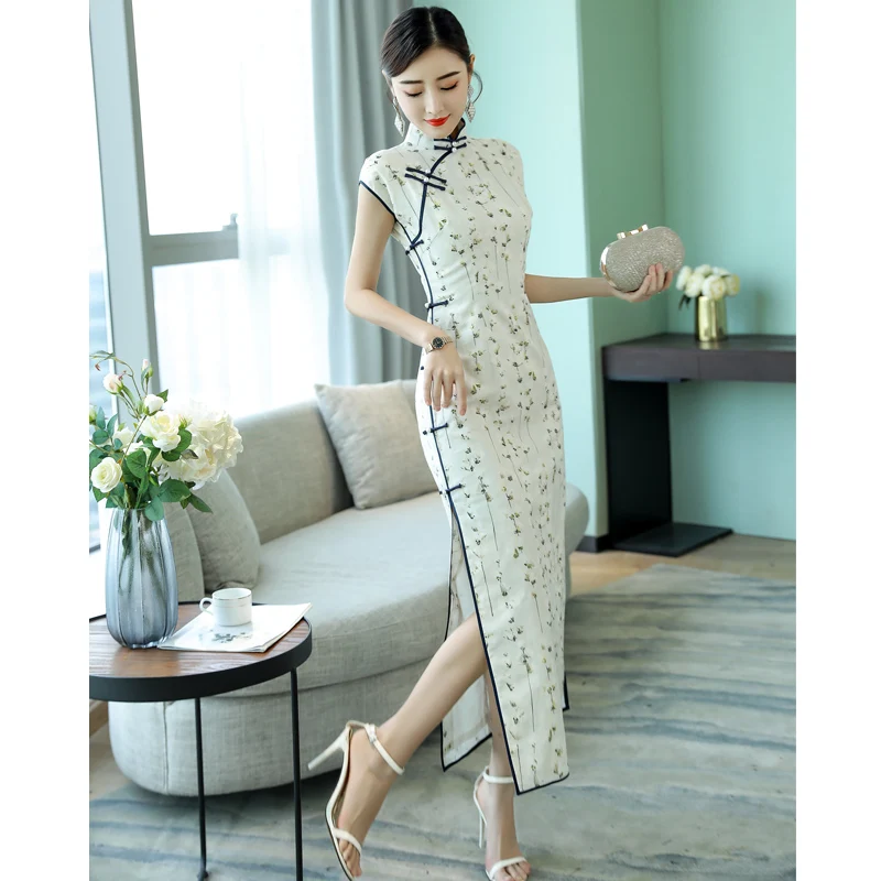 

China Cheongsam Traditional Long Cicpao Dress Elegant Linen Woman Summer Qipao Casual Night Party White Floral Dresses
