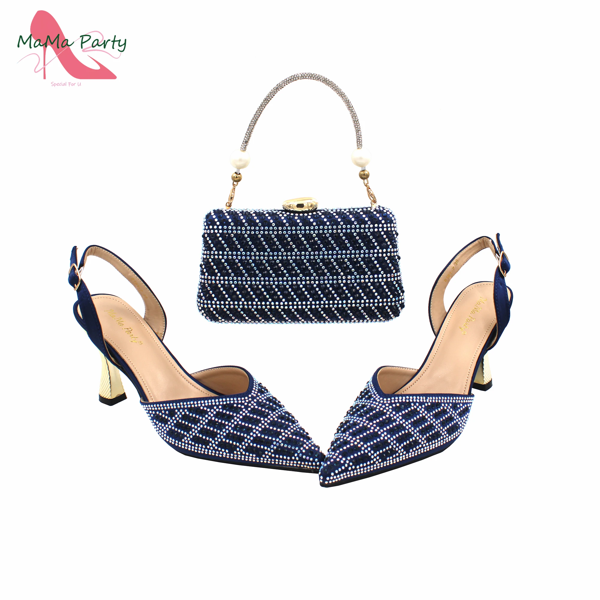 

Mature Style 2024 Newest Italian Shoes Matching Bag in Navy Blue Color Decorate with Rhinestone for Wedding Party