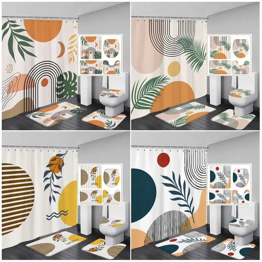 

Набор штор для душа среднего века с тропическими листьями, современные черные линии, искусство, декор для ванной комнаты, коврики для ванной, крышка для туалета