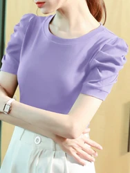 T-shirt Women Clothing Slim Fit Short Sleeve Tops 2024 Summer New Solid Casual Pullover O-neck French Bubble Sleeve Top