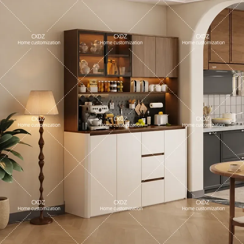 Medieval style dining side cabinet solid wood wall integrated locker small apartment modern simple tea cabinet living room