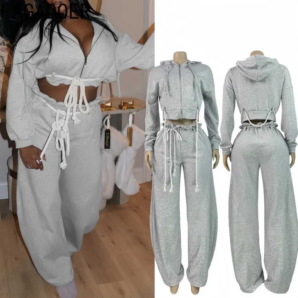 

FAGADOER, новый зимний повседневный женский комплект из 2 предметов, однотонный бандажный лоскутный укороченный топ с капюшоном + брюки, женская уличная одежда