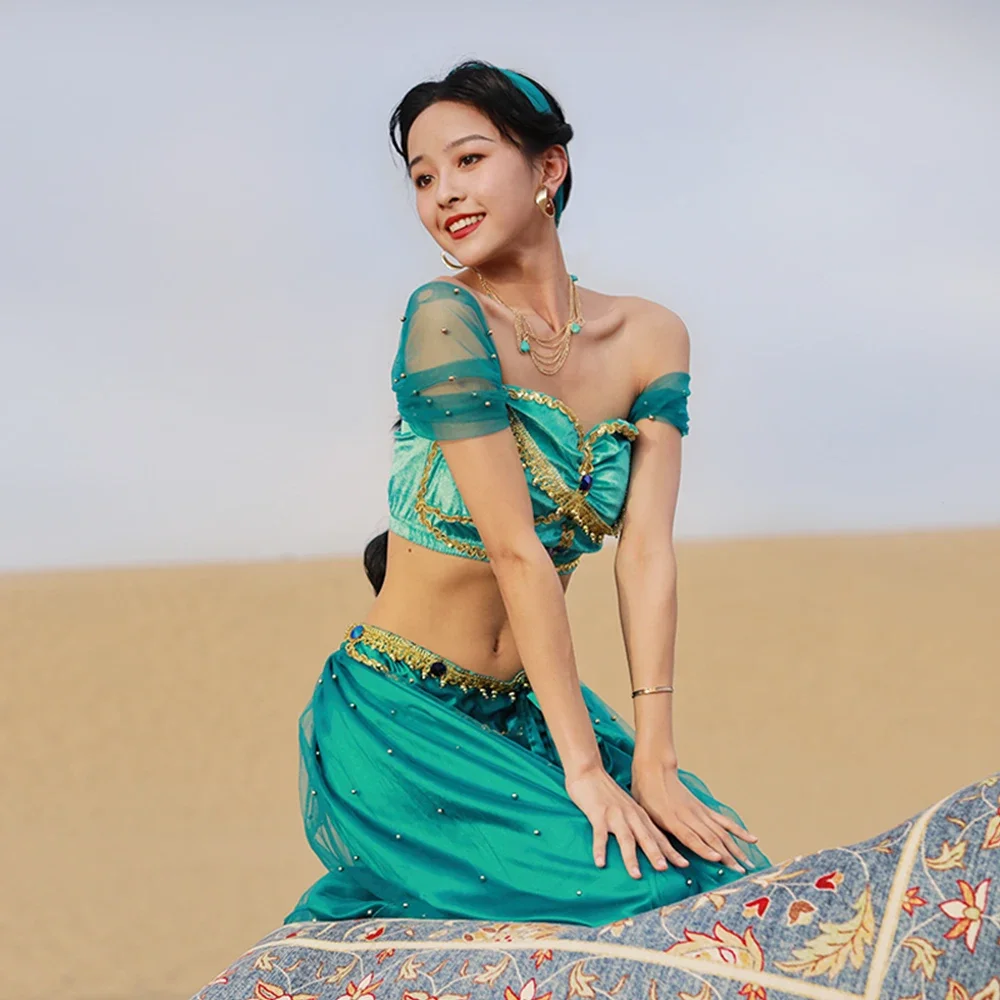 

Halloween Festival Arabian Cosplay Princess Jasmine Costume Belly Dance Indian Bollywood Veil Top Pants Accessories Set Festival