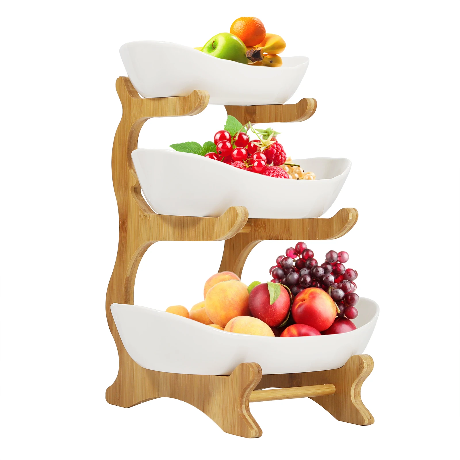 Premium White 3-Layer Ceramic Fruit Plate Rack - Bamboo Storage Organizer for Home Use