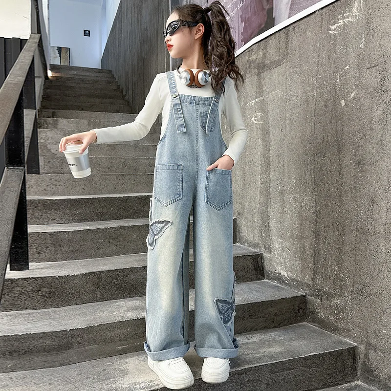 Spring/Autumn Teenager Girls Overalls Kids Denim Jumpsuit Sticky Butterfly Denim Strap Straight Pants 4 6 8 14 Children Trousers