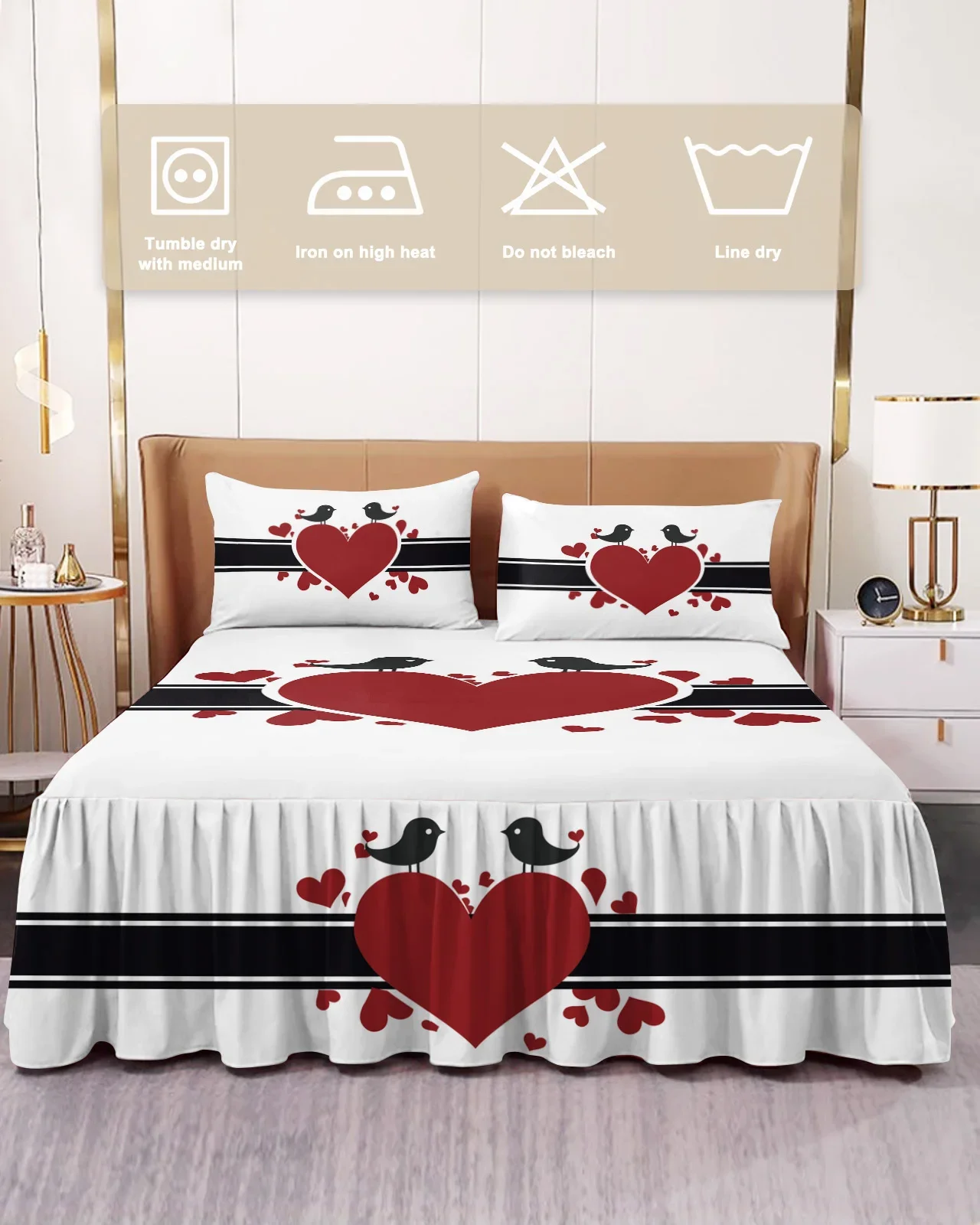 Imagem -03 - Colcha Elástica com Fronhas Capa de Colchão Love Bird Lençol Conjunto de Cama Vermelho e Preto Dia dos Namorados