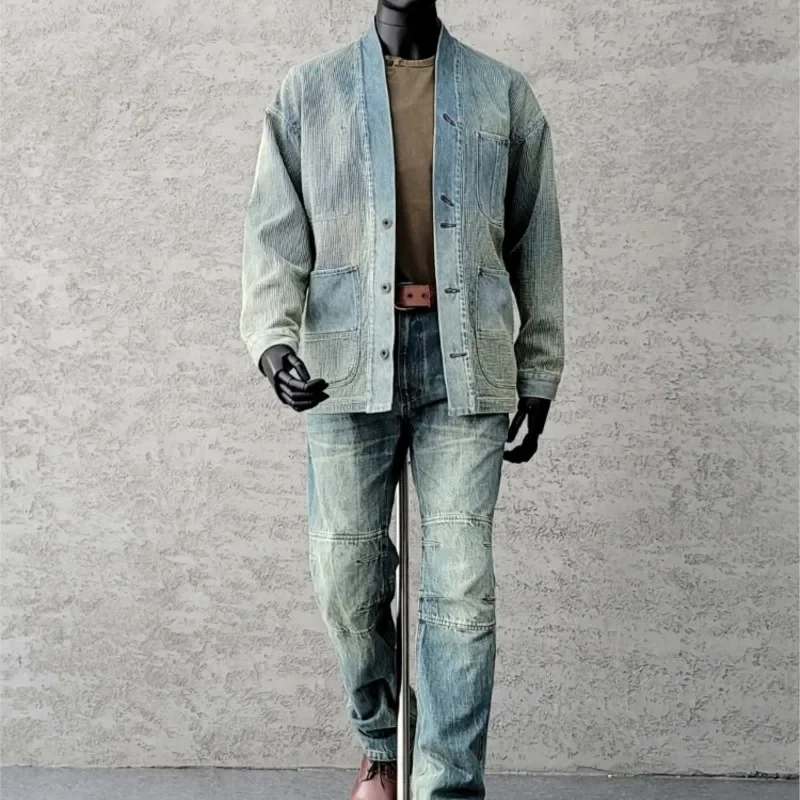 Amekaji Wear Clothes Men Blue Dyed Denim Robe Jacket Cardigan Coat Retro Washed Dyed Distressed