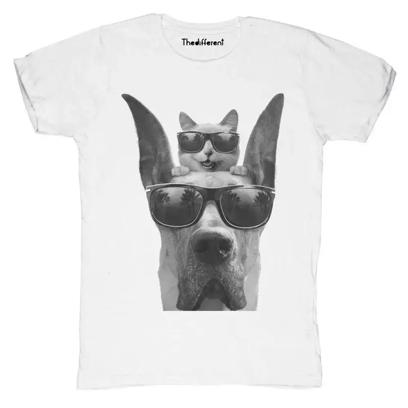 Camiseta Nueva para Hombre con Diseño de Perro y Gato con Gafas, Ideal para Regalo