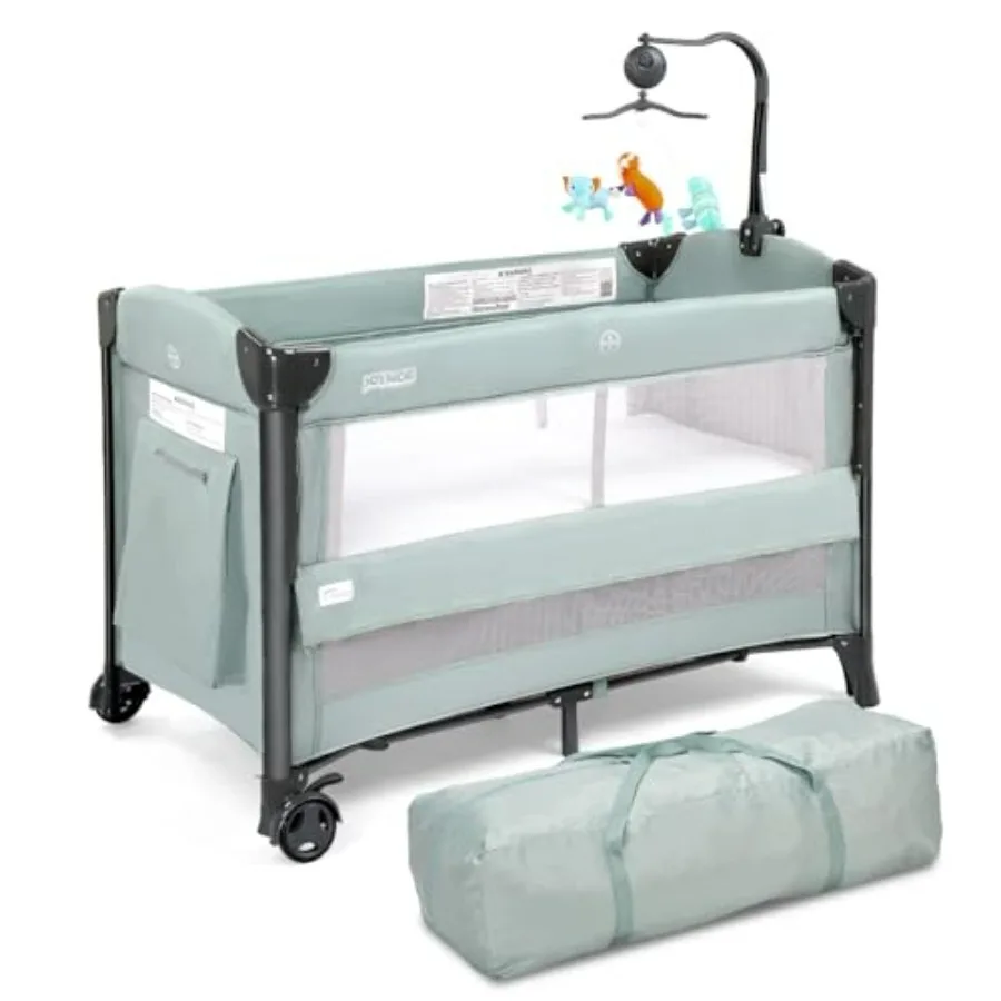 

Детская кроватка-манеж с люлькой и сумкой для переноски, трансформируется в приставную кроватку с колесиками для мальчиков и девочек, зеленый цвет