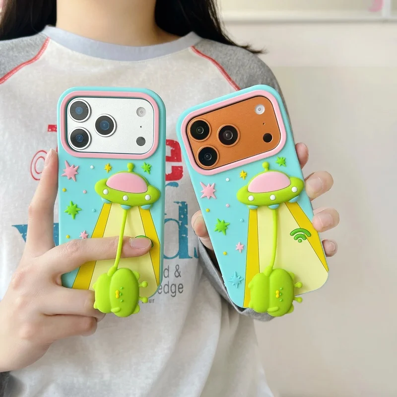 3D Spaceship With Pendant Soft Silicon Phone Case For iPhone 18 17 16 Plus 16E 15 14 13 12 Pro Max Funny Shockproof Capas Cover