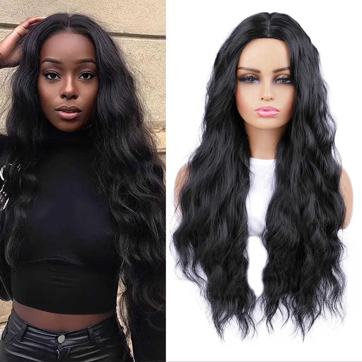 

Wig Female Black Medium Long Curly Hair Full Headgear Hot Wigs